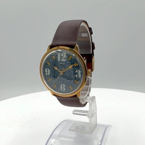 Vintage 35mm Timex Denim Print Dial Men\'s Mechanical Wristwatch Gold Tone
